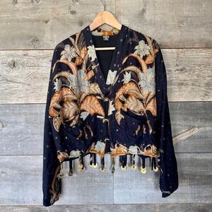 Womens Batik Floral Kantha Beaded Coin Fringe Jacket M/L Navy Indonesia Boho